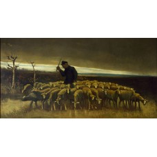 Shepherd with a flock of sheep