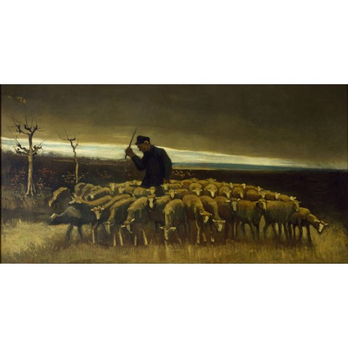 Shepherd with a flock of sheep