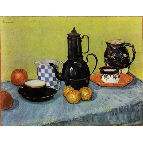 Still Life Blue Enamel Coffeepot Earthenware and Fruit