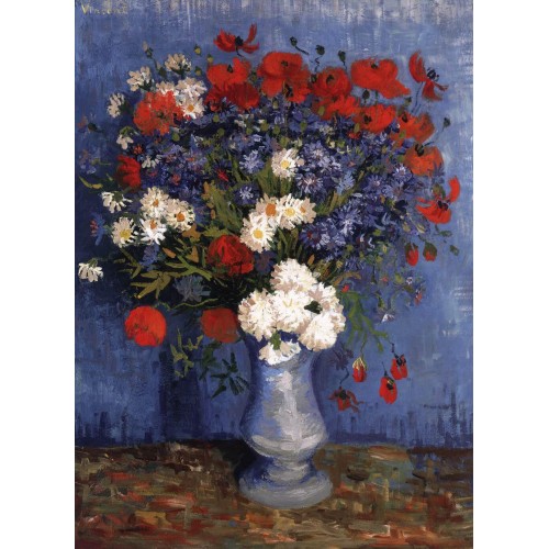 Still life vase with cornflowers and poppies