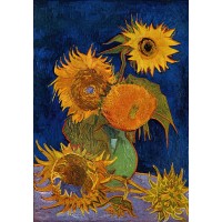 Still life vase with five sunflowers