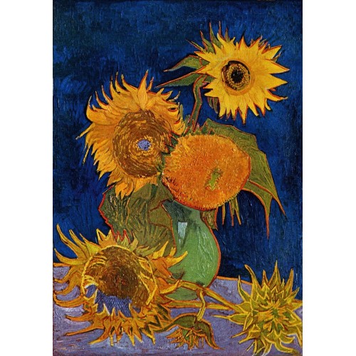 Still life vase with five sunflowers