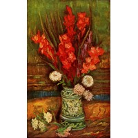 Still life vase with red gladiolas