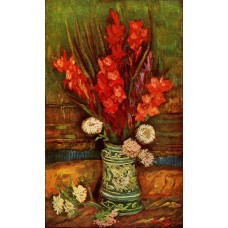 Still life vase with red gladiolas