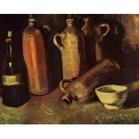 Still Life with Four Stone Bottles Flask and White Cup
