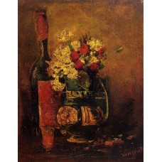 Vase with Carnations and Roses and a Bottle