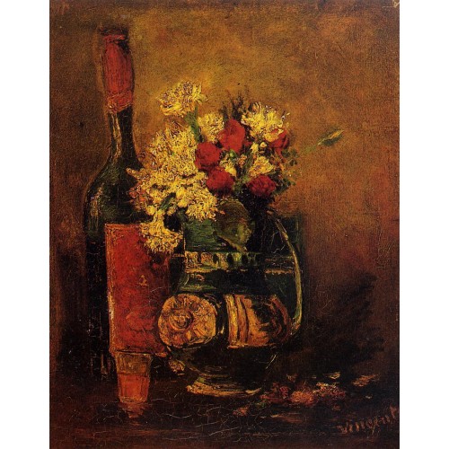 Vase with Carnations and Roses and a Bottle