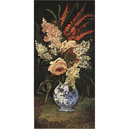 Vase with gladioli and lilac