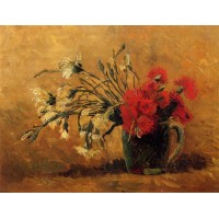 Vase with Red and White Carnations on a Yellow Background