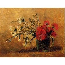 Vase with Red and White Carnations on a Yellow Background