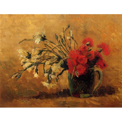 Vase with Red and White Carnations on a Yellow Background