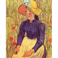 Young Peasant Woman with Straw Hat Sitting in the Wheat