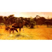 Moose with her Calf in a Landscape