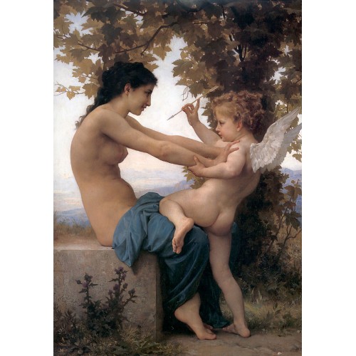 Young Girl Defending herself against Cupid