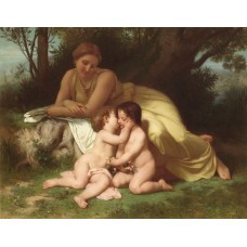Young woman contemplating two embracing children