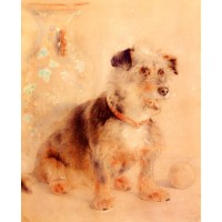 Terrier Seated Before A Canton Famille Rose Vase